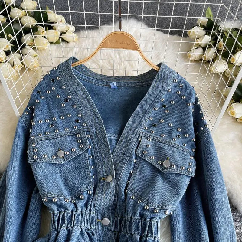 Design Inspired Denim Jacket For women 2026 Spring Autumn New Heavy Industry diamond Studded Nail bead Slimming Long sleeved Top
