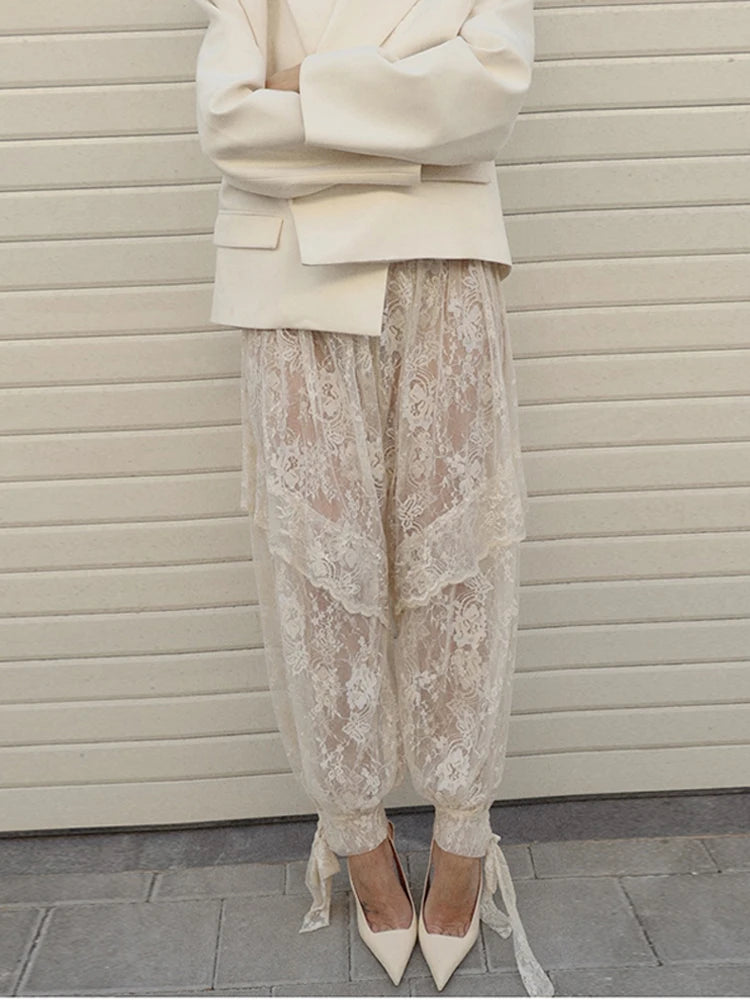 Sheer Floral Lace Tie Balloon Trousers High Waist 2026 Spring/Autumn Elegant Women Bottoms Fashion Chic Holiday Versatile Pants