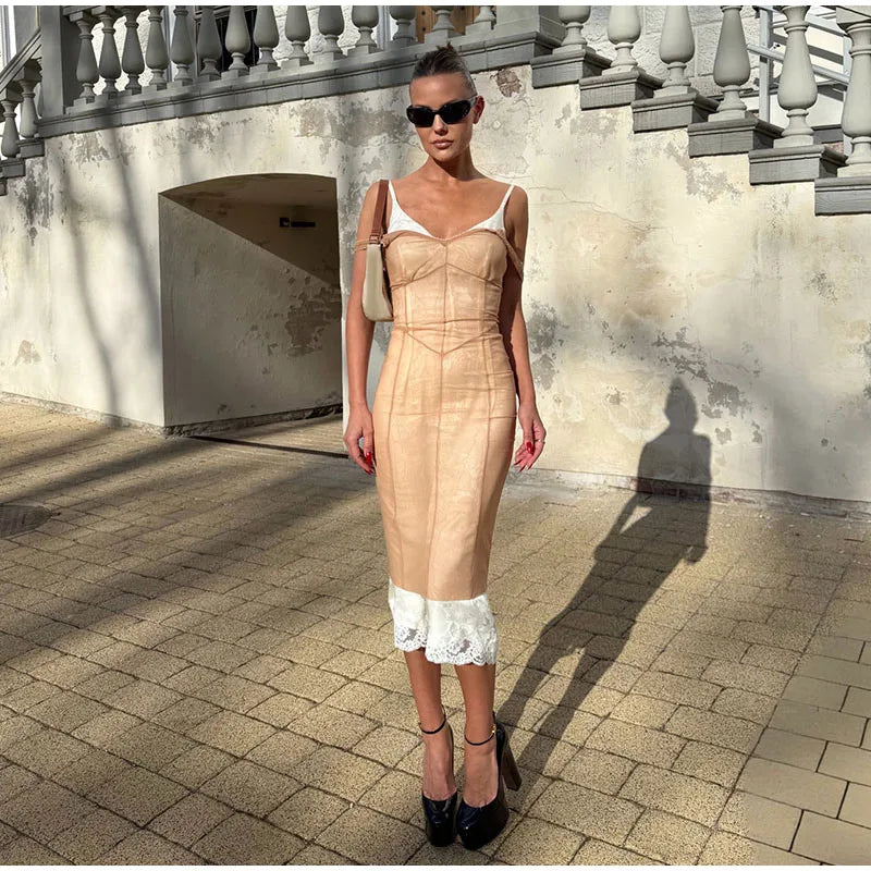 Elegant Sheer Mesh Overlay Women's Dress Set V-Neck Waist-Closed Sleeveless Slim Slip Maxi Dresses 2026 Summer Female Outfit