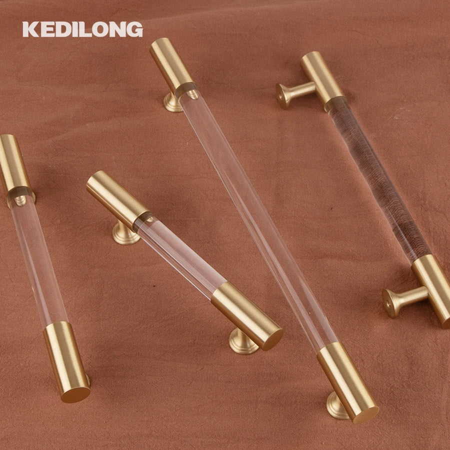 KEDLO European style modern brass acrylic Pull handle kitchen cabinet modern minimalist drawer transparent handle