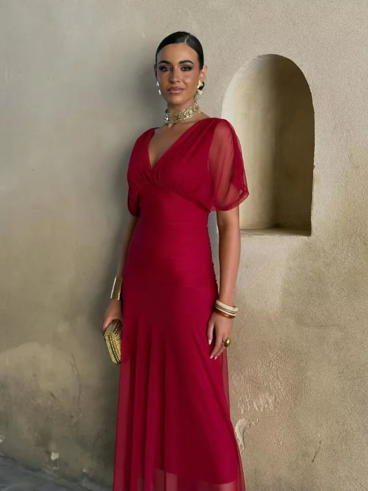 Women Solid Deep V-neck Mesh Long Dress Elegant Puff Short Sleeve Ruched Waist High Vestidos 2026 Summer Lady Casual Street Robe