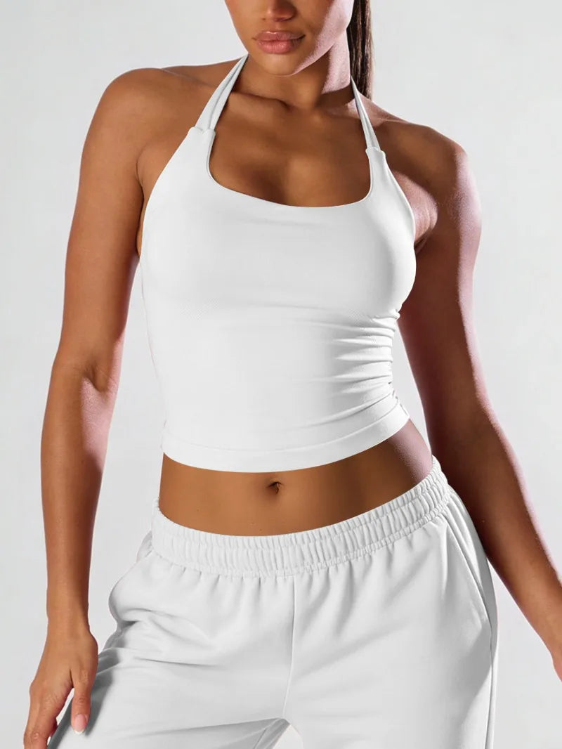 Seamless Halter Workout Tank Top for Women Backless Longline Yoga Top Gym Fitness Activewear Body Shaping Sportswear