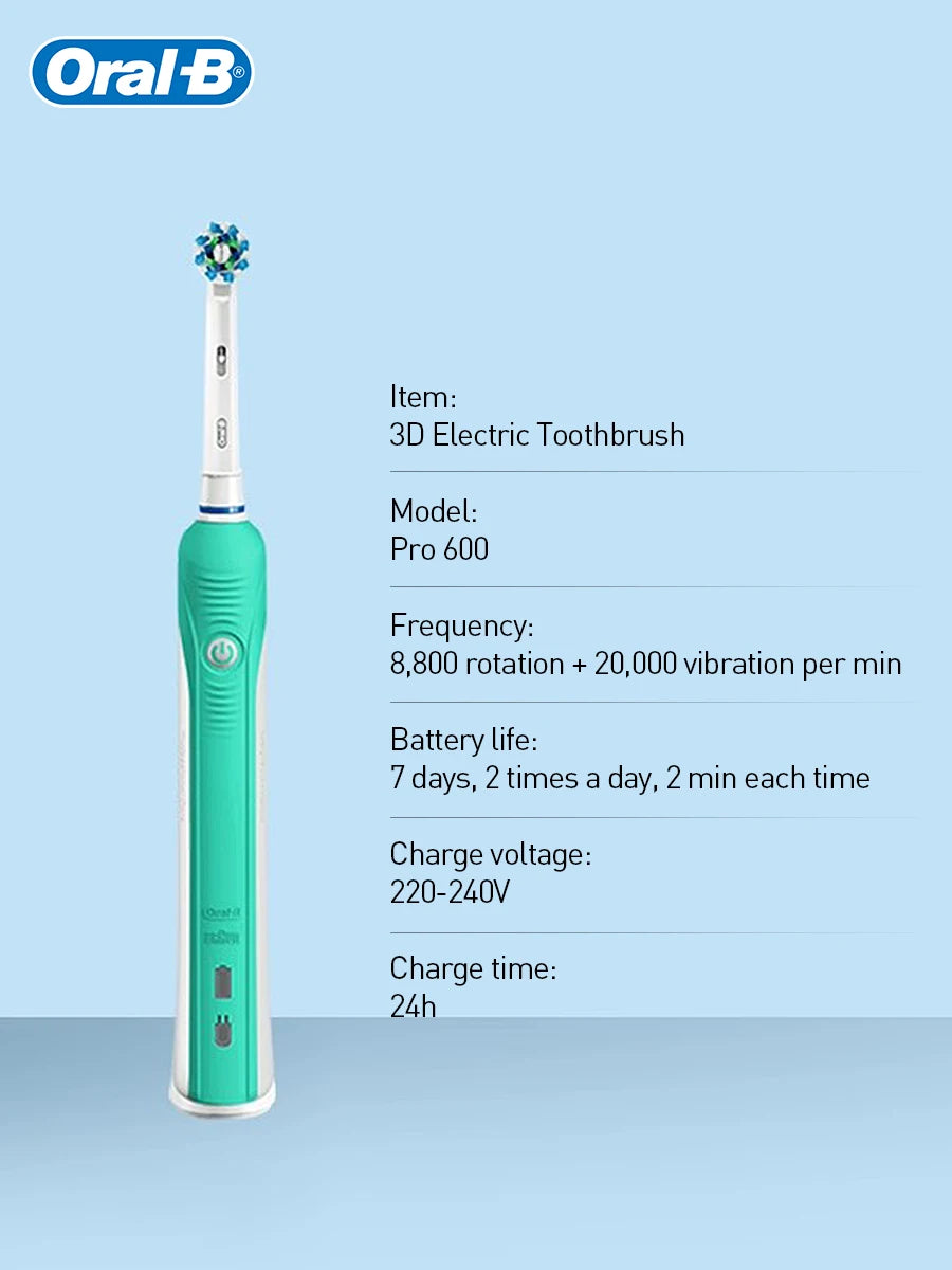 Oral-B Pro600 3D Electric Toothbrush IPX7 Waterproof Smart Timer Pressure Sensor Inductive Charging Adult Rechargeable Toothbrus