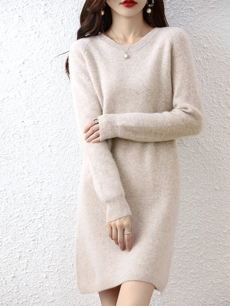 Knit Dresses for Women's Fashion Sweater 100% Merino Wool Winter Ladies O-Neck Warm Knitted Dress Fall Female Casual Black Skirt