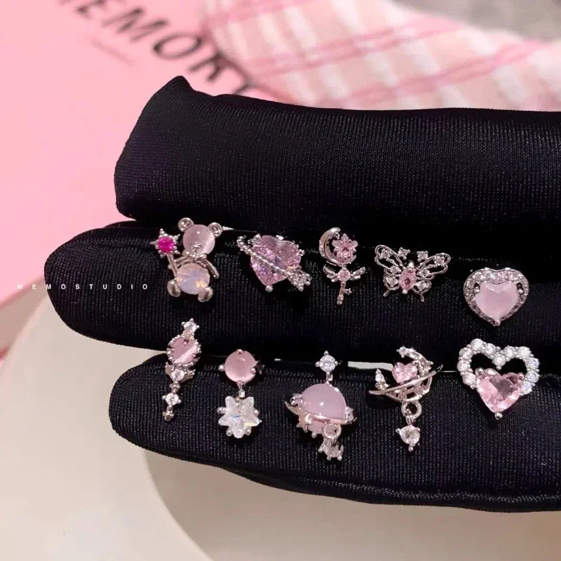 1 PCS New Fashion Cute Pink Zircon Crystal Ear Bone Nail 316L Medical Titanium Steel Earrings for Women Y2K Punk Jewelry