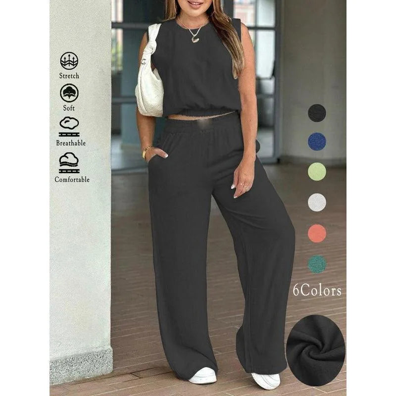 Fashion Ultra-short Sleeveless Top Trousers 2-piece Set Summer New Casual Pocket Loose Wide-leg Trousers Female Office Set 2025