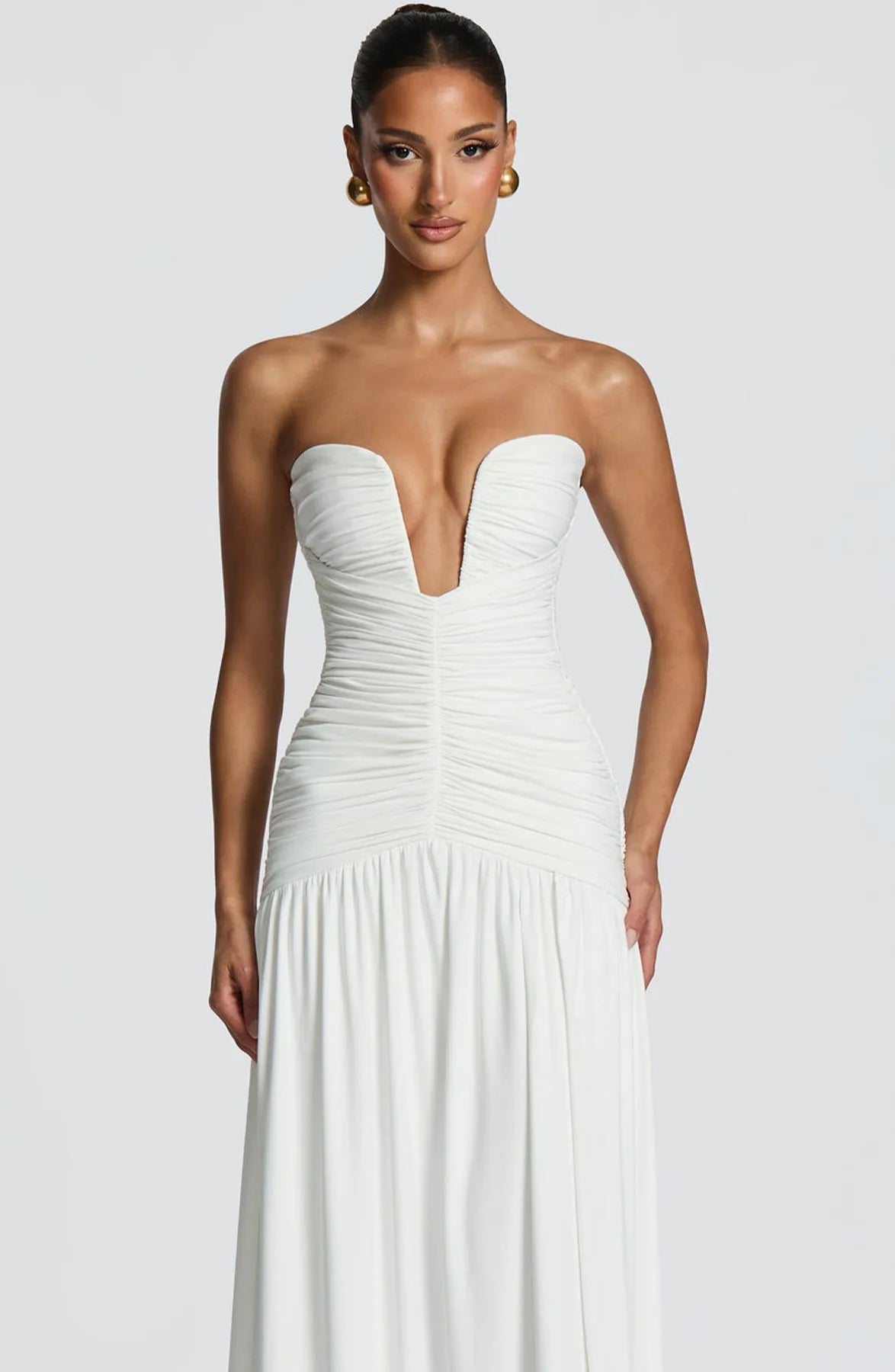 Elegant Lady Solid Maxi Dress Sleeveless Off Shoulder Deep V-neck High Split Pleated Satin Gown 2026 Women New Dinner Party Wear