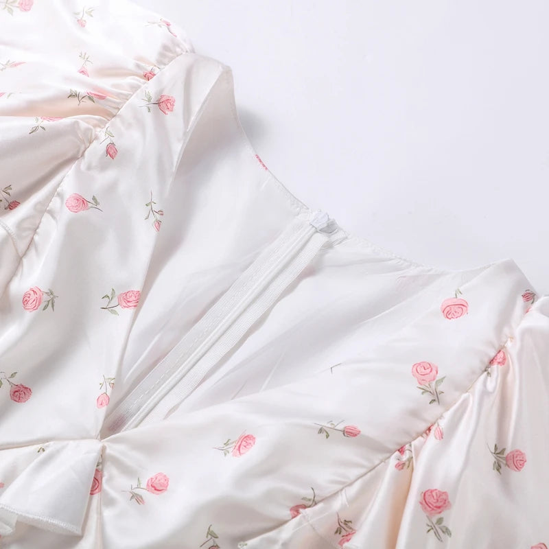 Elegant Floral Print Chiffon Dress Women's Backless Long Sleeve Ruffle Waist Cutout Tiered Dresses 2026 New Lady Party Wear