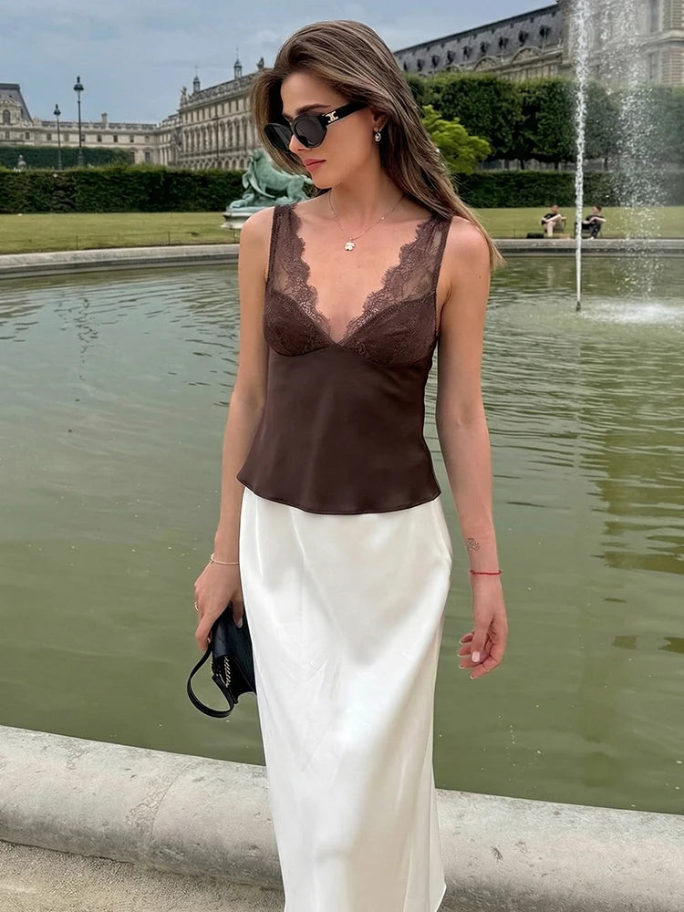HH Elegant Women Lace Splice Sexy Satin Sling Tops 2026 Spring Summer Fashion Female V-Neck Backless Slimming Underwear Vest