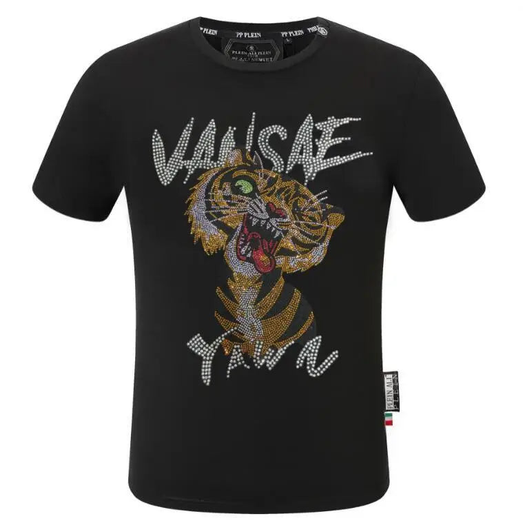 2025 Summer New Luxury Men's Fashion Skull Design Rhinestones T-Shirt Pure Cotton Crew-Neck Casual High Quality