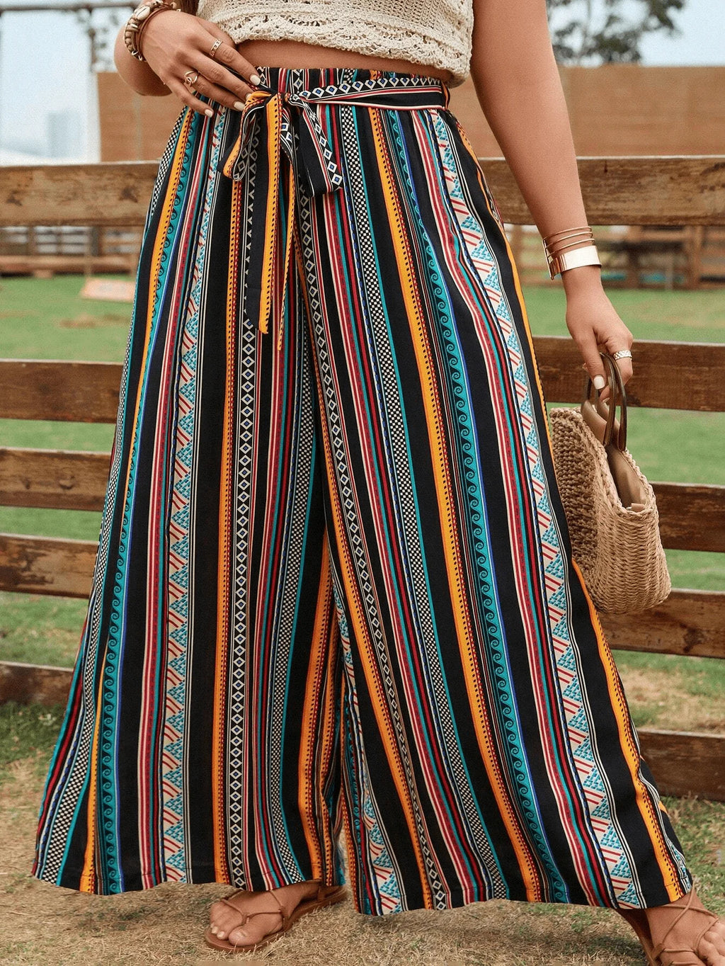 Women's Plus-Size Belted Wide-Leg Trousers with Stylish Striped Print – Casual Vacation Wear for Spring, Summer, and Autumn