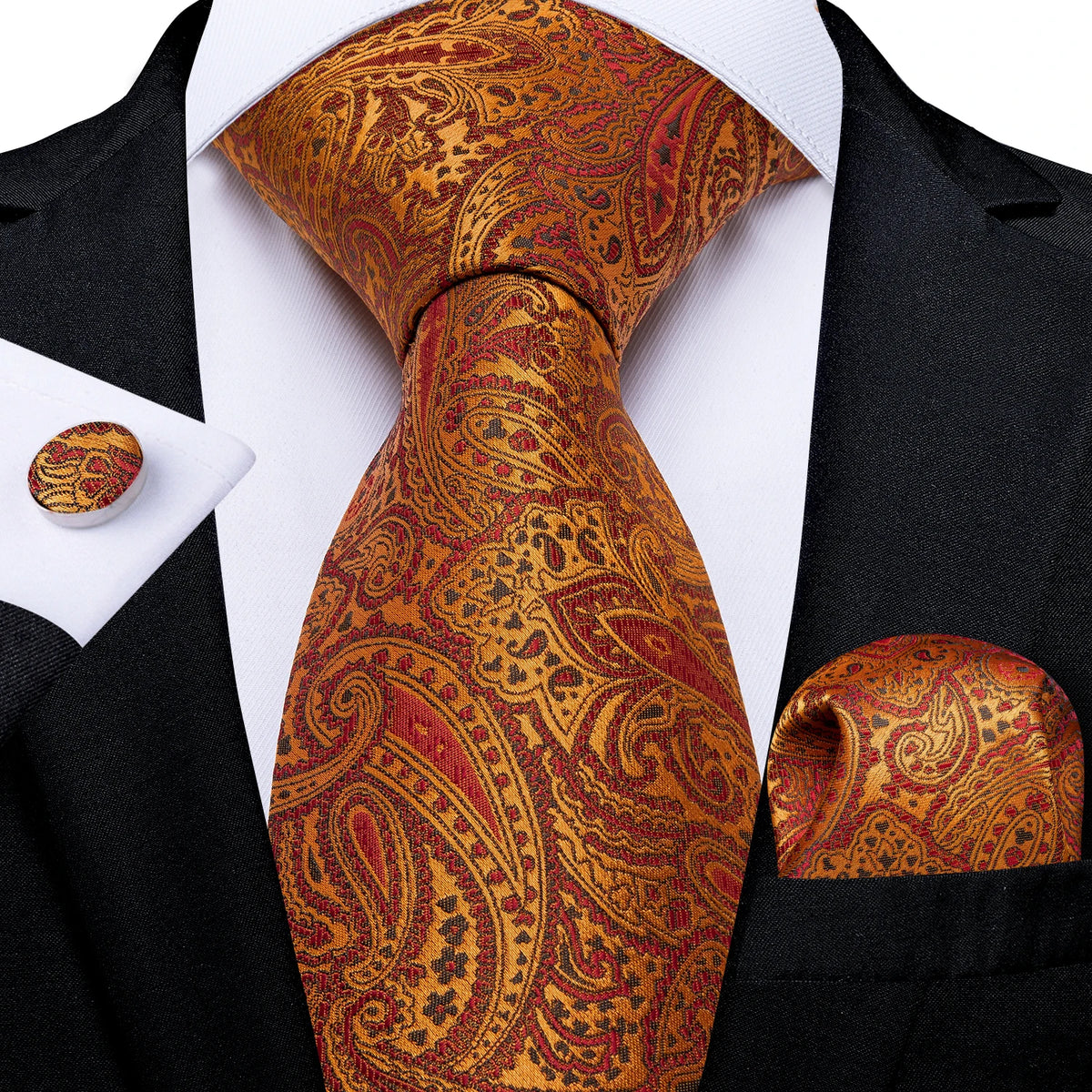 8cm Men's Polyester Ties Pocket Square Cufflinks Green Gold Paisley Wedding Party Accessories Necktie Gift