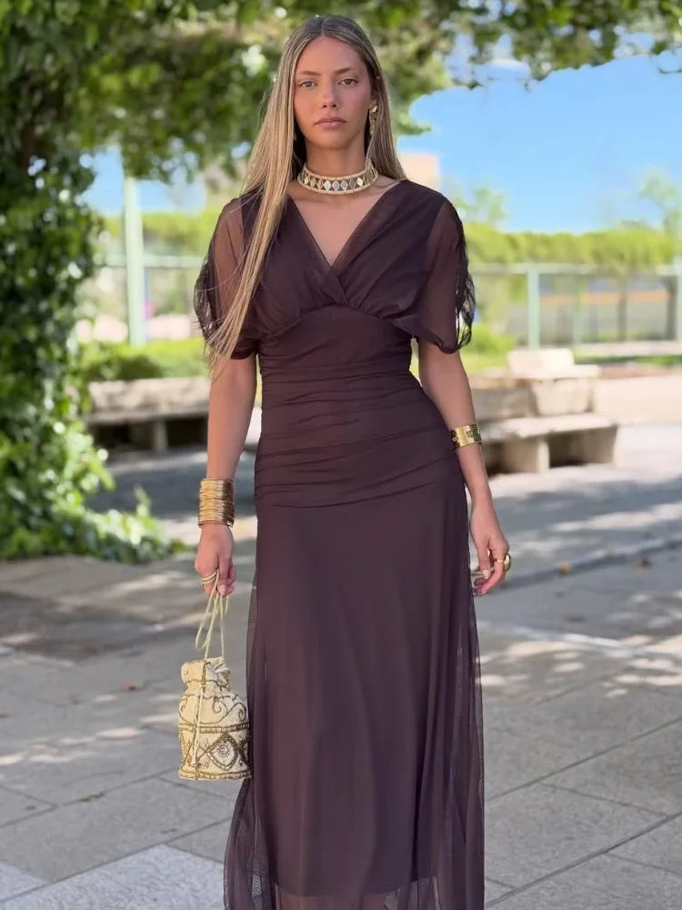 Women Solid Deep V-neck Mesh Long Dress Elegant Puff Short Sleeve Ruched Waist High Vestidos 2026 Summer Lady Casual Street Robe