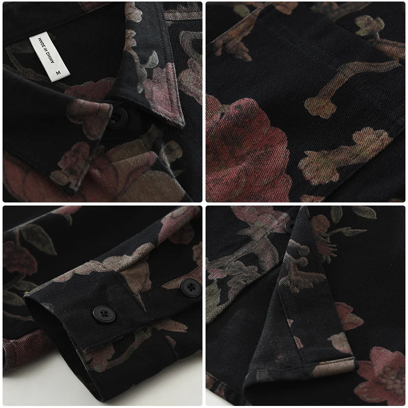 2025 Autumn New Casual Floral Print Shirt for Men Cotton Loose Long Sleeve Rose Denim Shirts Fashion Men's Clothing