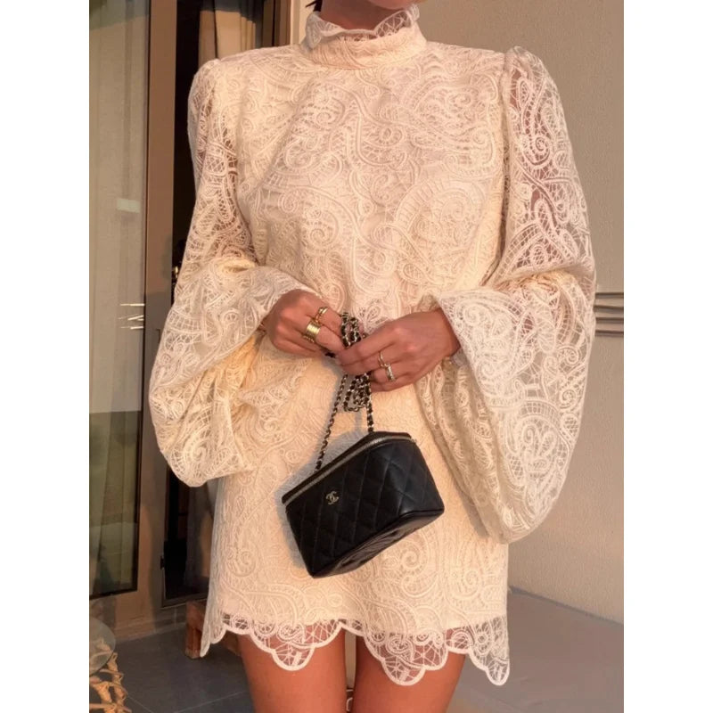 Spring 2026 Women's Lace Hollow out Mini Dress Two-Piece Set with Elegant Long Sleeve High Neck Design Chic Club Night Outfit