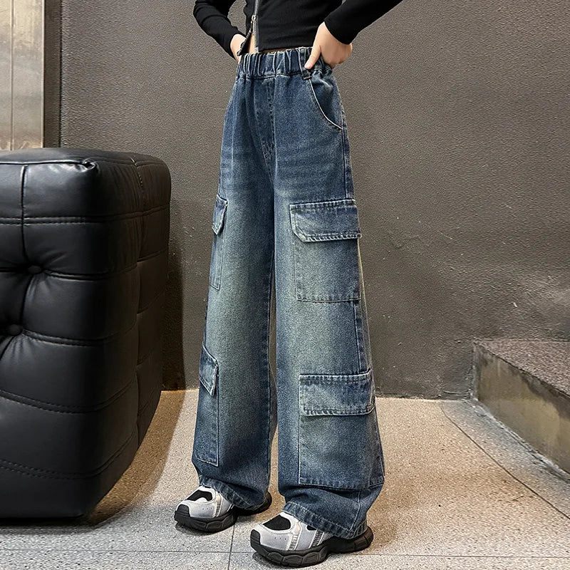 Kids Design Luxury Straight Leg Cargo Jeans with Multi Pocket for Teens Girl Cool Denim Pants Tweens Child Casual Jeans Trousers