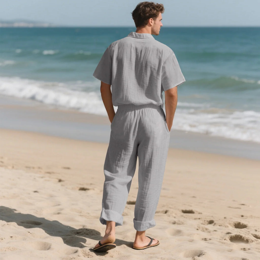 Men's Summer Beach Casual Cotton Linen Shirt Two-Piece Set with Lapel Pocket Long Pants And Shor Fashionable Breathable Clothing