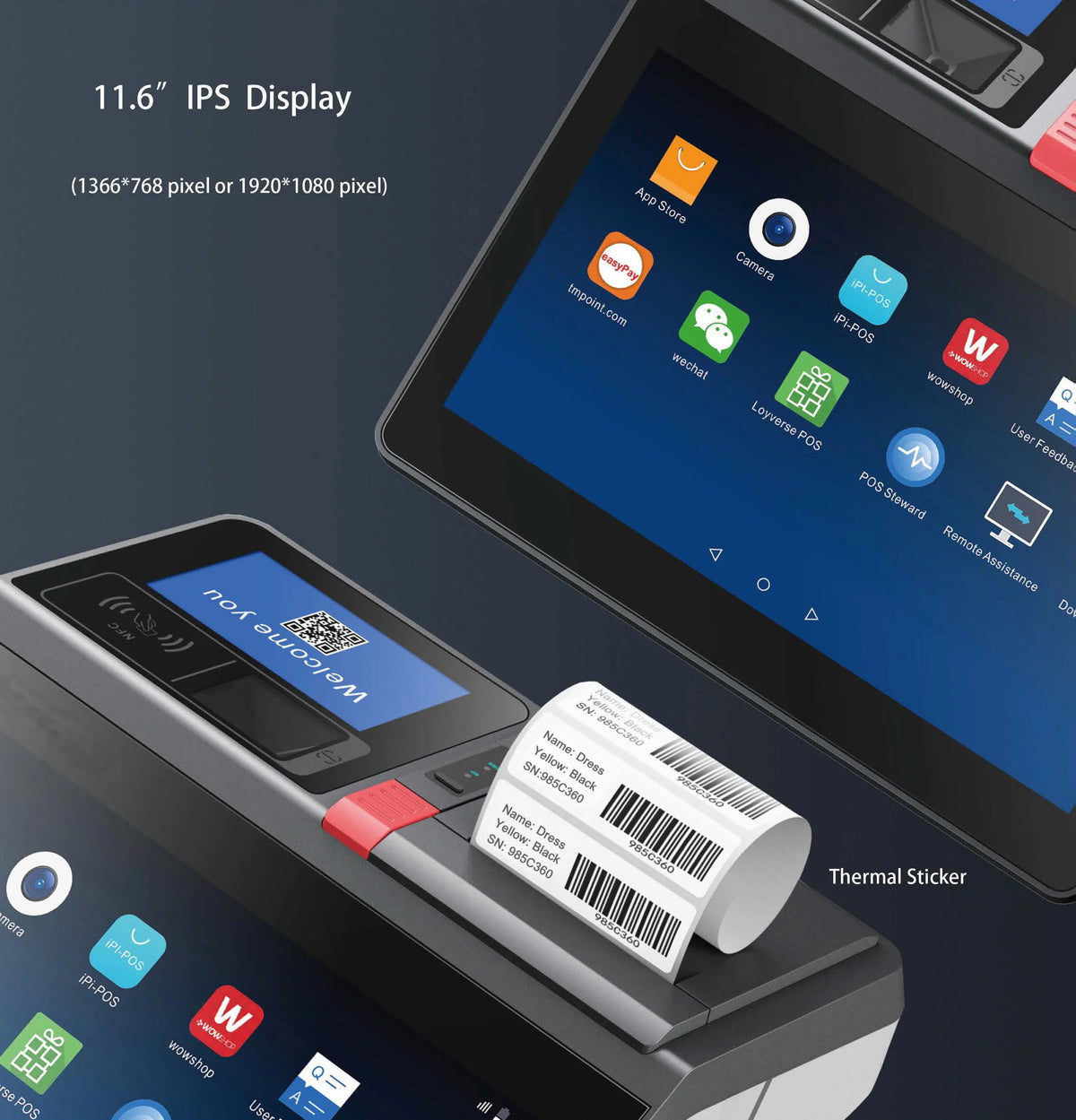 11.6inch Desktop /Wall-mounted Windows & Android Cash Register POS Systems with 80mm Autocutter Thermal Receipt & Label Printer