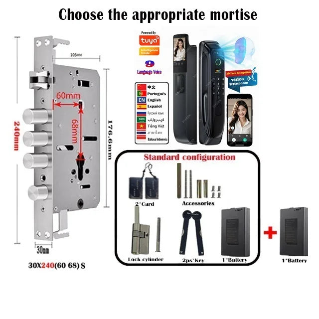 5050 5072 5572 4585 6085 Mortise Tuya WiFi Video Intercom 3D Face Recognition Smart Lock Biometric Camera Auto Keyless Lock