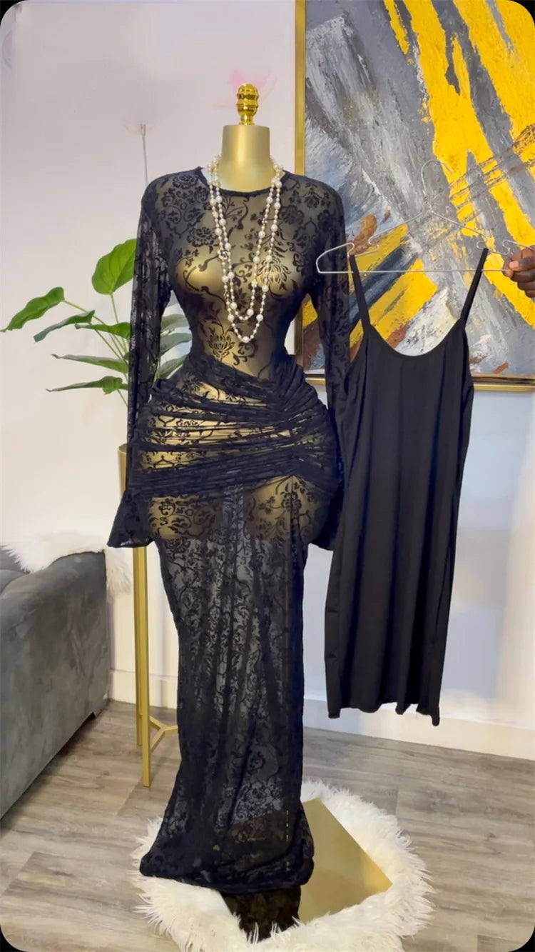 CM.YAYA Women Long Sleeve Ruched Mesh See Though with Lining Bodycon Long Dress 2025 Fall Evening Birthday Sexy Party Dresses