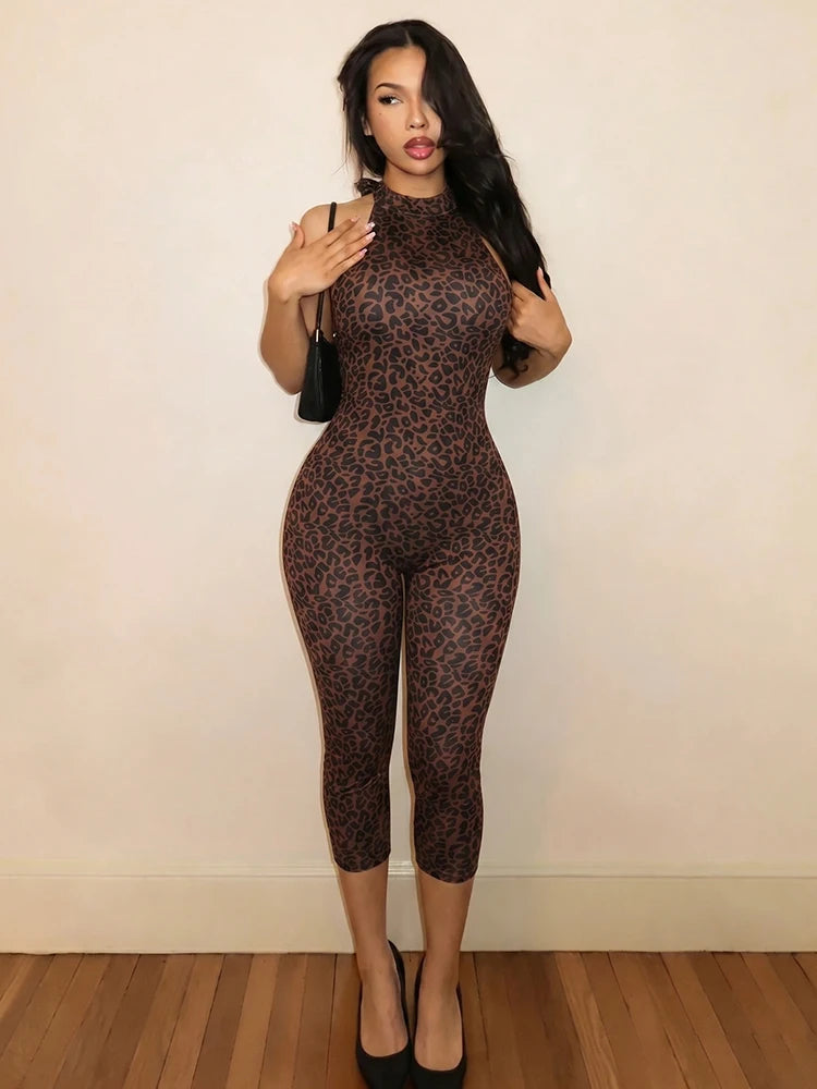 Weird Puss Sexy Leopard Print Romper Women Hottie Trend Halter Backless Bandages Sleeveless Fashion Midnight Street Playsuits