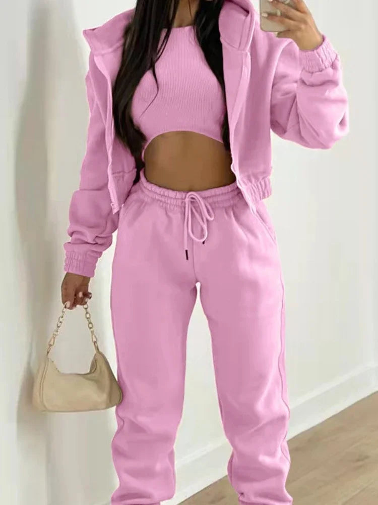 Women's 3-Piece Set Long Sleeve Hooded Sport Coat Casual Loose Lace-Up Pants Autumn Winter Fashion Outfit Versatile Clothing