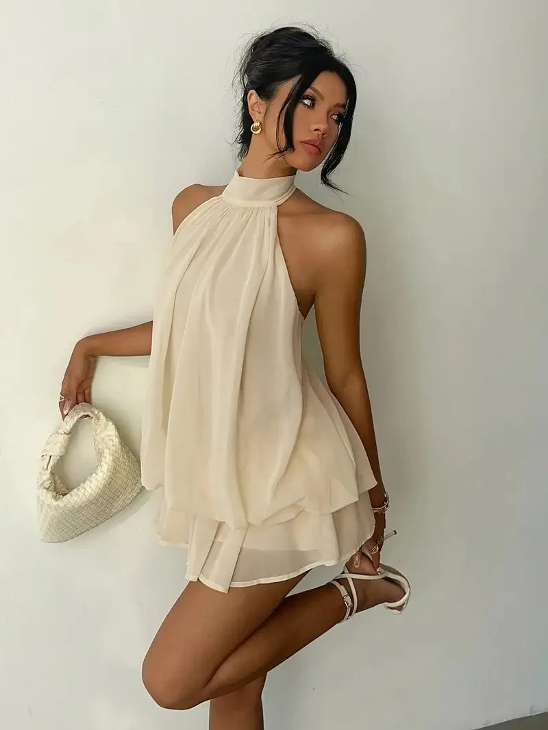 Women Halter Neck Backless Tie Mini Dress Summer Sleeveless Chiffon Ruffle Short Dresses Sexy Club Party Beach Vacation Outfit