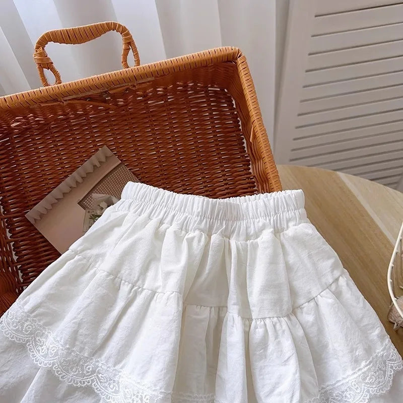 Girls' Skirt 2025 Summer New Children's White Short Skirts with Safety Pants Lace Cake pleated Skirt for Baby Kids Clothing