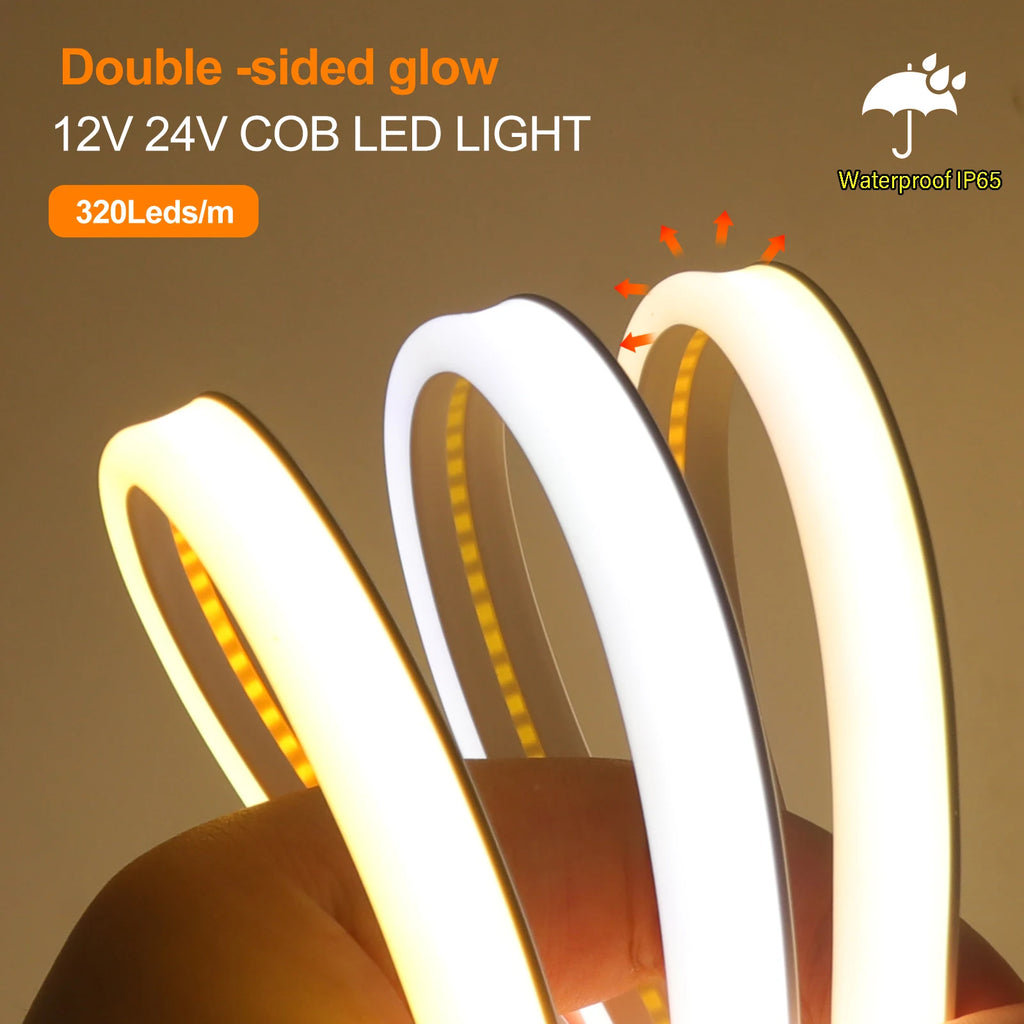 IP65 Waterproof COB LED Neon Strip 12V 24V 320Leds/M for Room Warm/Natural/Cool White Flexible Ribbon LED Light for Garden Decor