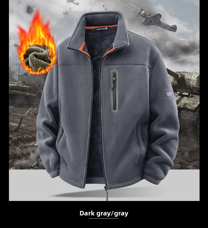 Winter Thickened Windproof Stand Collar Zipper Jacket for Men Casual Outdoor Fleece-Lined Coat Embroidered Men's Warm Jackets