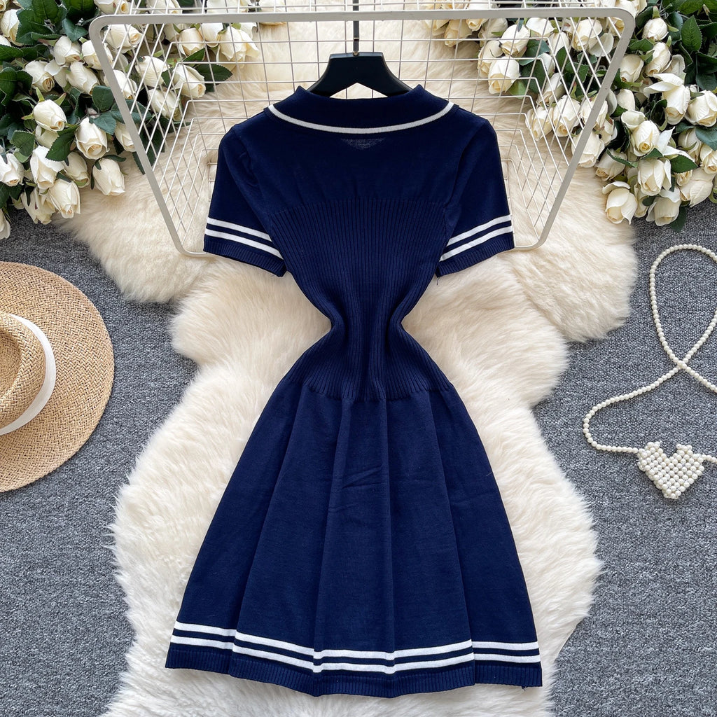 New Summer Women Sailor Collar Short Sleeve Knitted Dress Sundress Bow Lace Up Elatic Bodycon Pencil Vestidos Short Dress