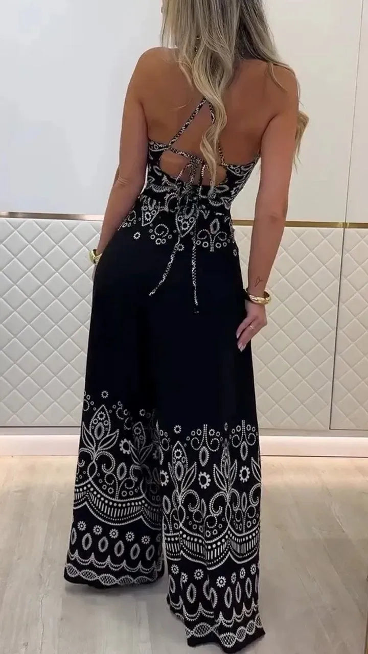 Summer New Fashion Printed Casual Loose Suit Literary Retro Sleeveless Halter Top Wide-leg Pants Commuting Two-piece Sets