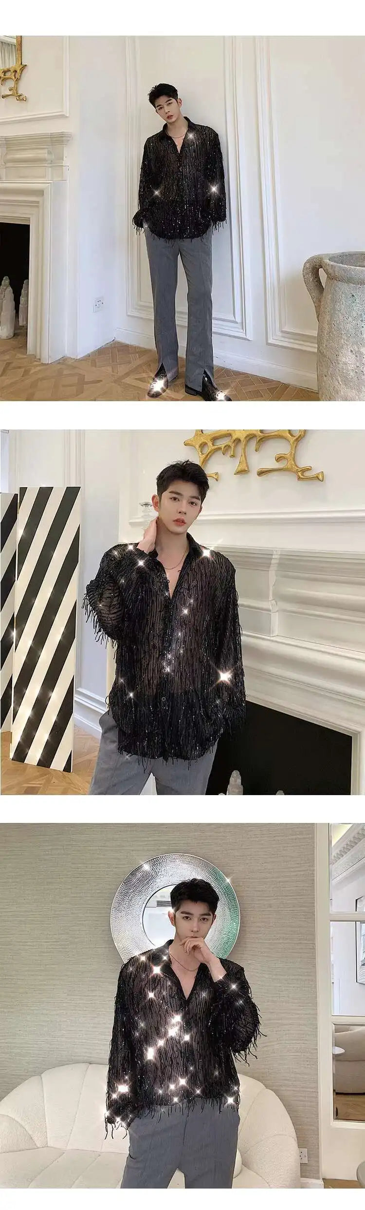 IEFB Spring Summer Men's Shirt Long Sleeve New Irregular Sequin Tassel Shirts Niche Streetwear Korean Style Male Top Tide 9Y7232
