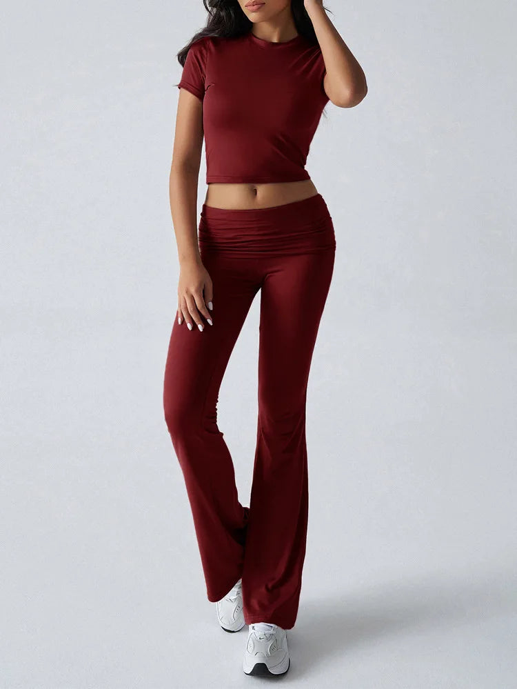 Women's Sexy Tops Suits 2026 Summer Latest Casual Solid Color Yoga Suit Slim Fit Sports Short Sleeved Pants Two-Piece Set Outfit