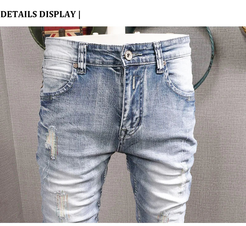 Streetwear Fashion Men Jeans Retro Light Blue Elastic Slim Fit Ripped Jeans Men Embroidery Designer Vintage Casual Denim Pants