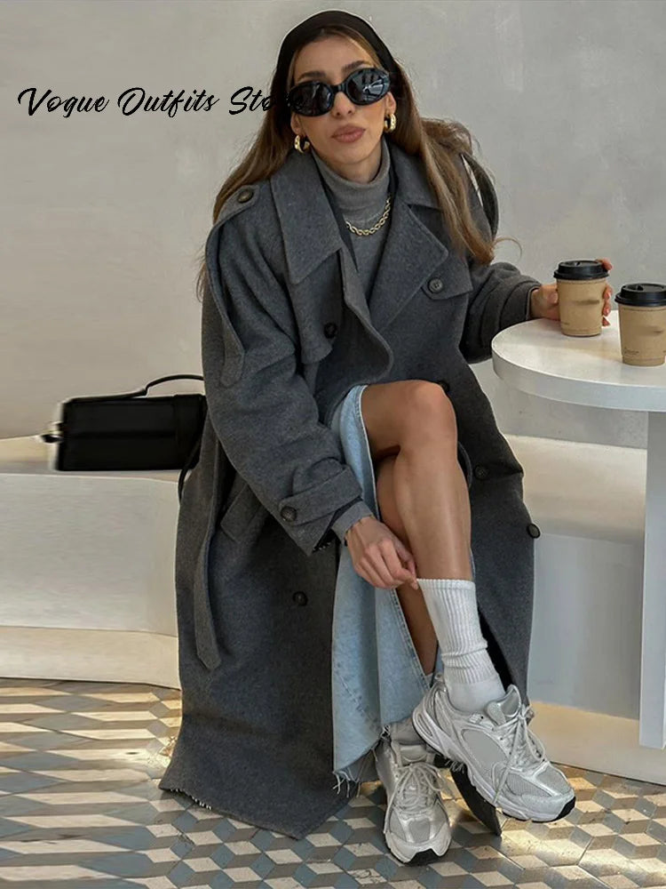 Chic Lace Up Woolen Long Trench Coat Women Gray Double Breasted Lapel Full Sleeve Pocket Coats 2026 Autumn Winter Lady Outwear