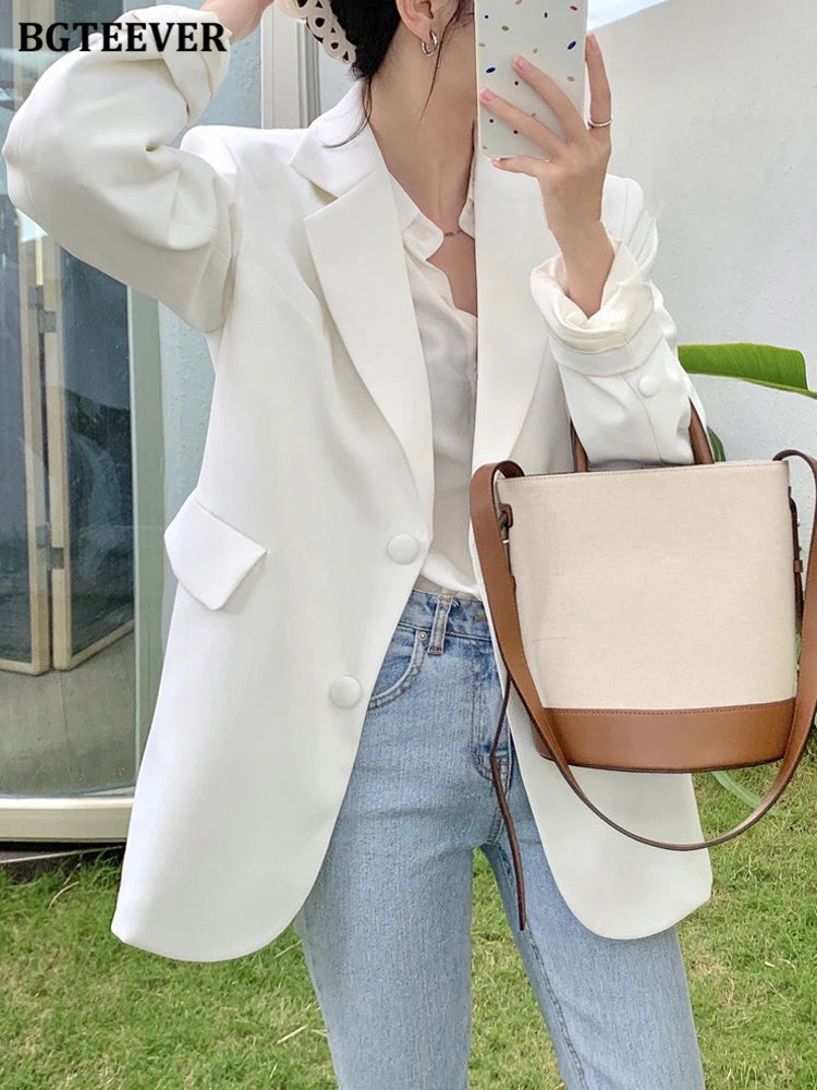 BGTEEVER Casual Loose Lapel Ladies Suit Jackets Full Sleeve Single-breasted Solid Female Blazer Tops Spring Women Outwear
