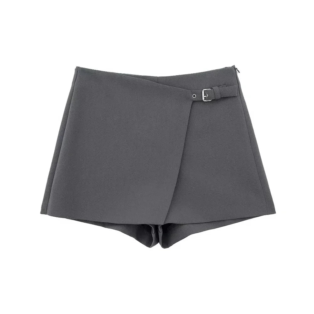 Lazvm-Asymmetric Shorts Skirts with Tab for Women, High Waist, Side Zipper, Female Skort, Fashion