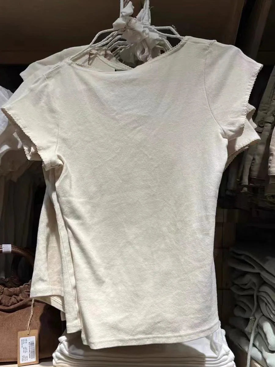 Vintage Slim Fit Cotton T-Shirt Summer V-Neck Streetwear 2025 Femme Sweet Cute Y2K Style Simple Top for Women