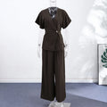 Elegant Button Top Pants Set Women Slim V-neck Short Sleeve One Button Tops High Waist Wide Leg Pant Two Piece Sets 2026 Summer