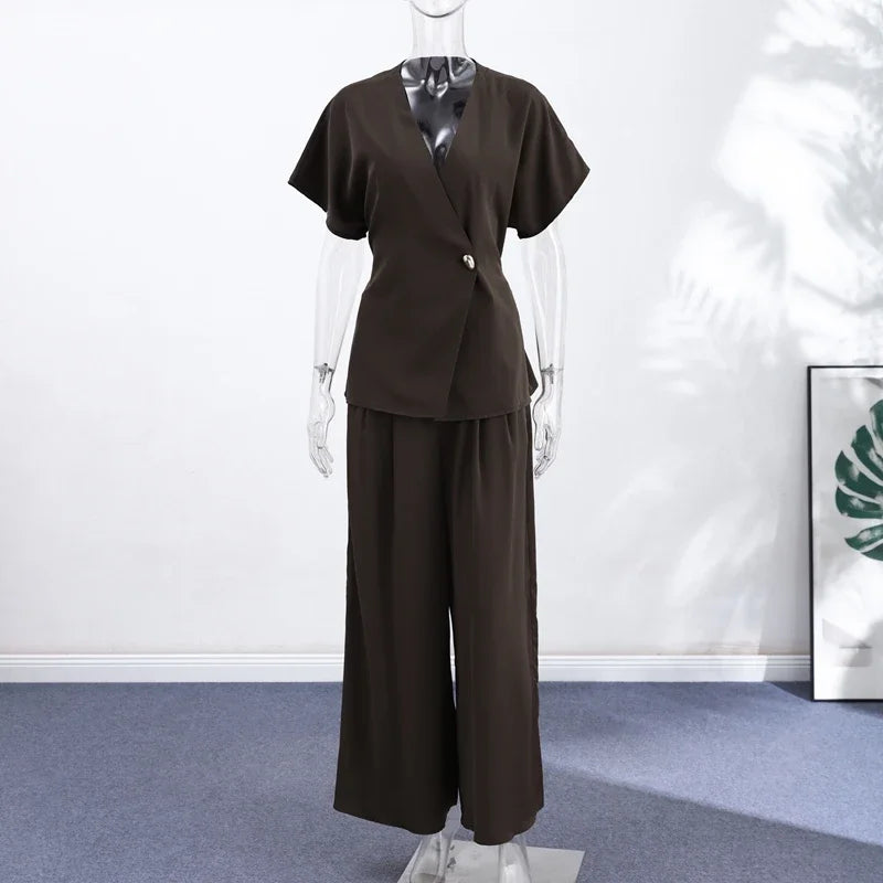 Elegant Button Top Pants Set Women Slim V-neck Short Sleeve One Button Tops High Waist Wide Leg Pant Two Piece Sets 2026 Summer
