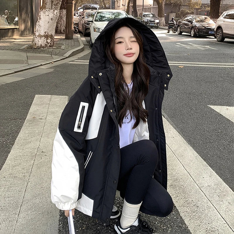 Black and White Patchwork Women Autumn Hiking Jacket Winter Winderproof Warm Hooded Coat Korean Zip Up Streetwear Couple Jackets