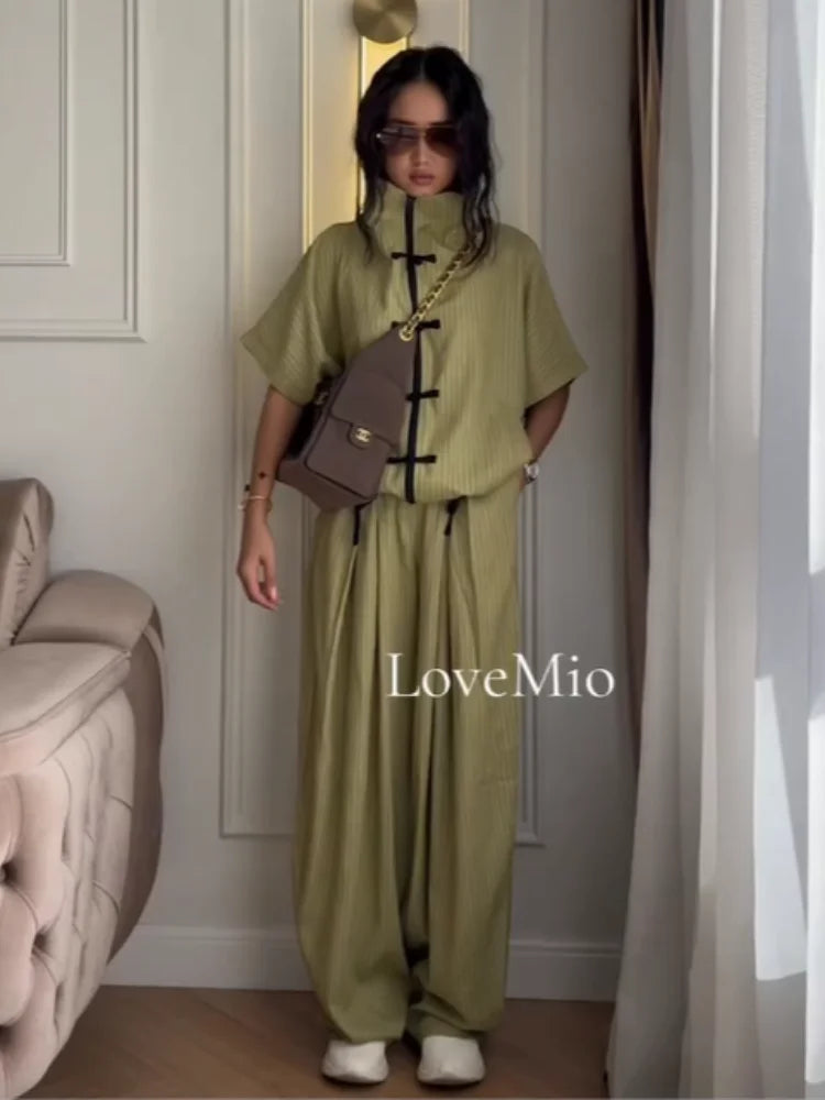 Coffee Tang Suit Two Piece Set Mandarin Collar Frog Button Top Wide Leg Cropped Pants Sets Lady Chic Retro Oriental Daily Wear
