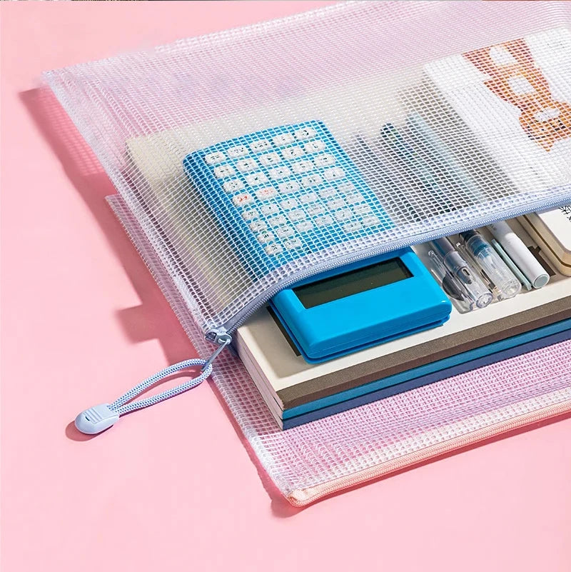 10Pcs Mesh Zipper Pouch Document Bag Waterproof Zip File Folders A4 A5 Size Office School Supplies Storage