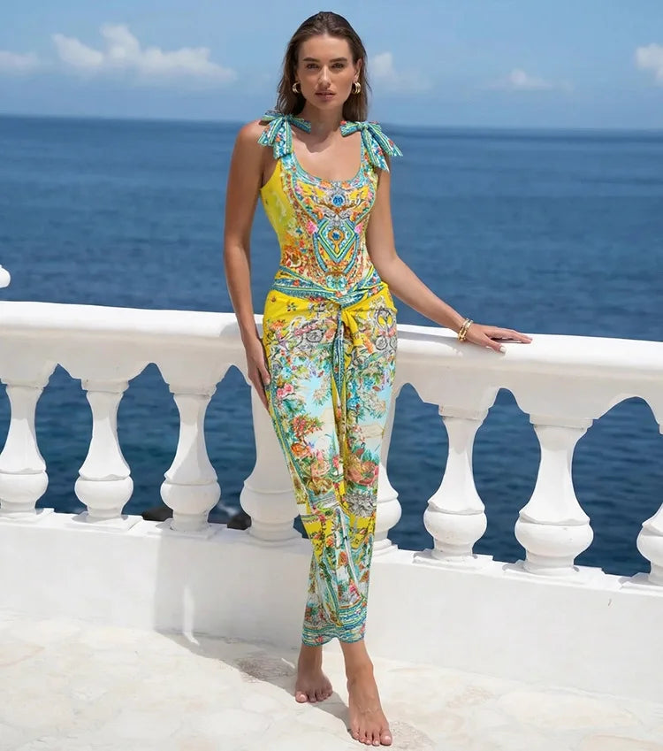 Retro Bikini Printed Fashion Two Piece Swimsuit And Cover Up With Skirt Tight Women's Bandage Summer Beach Luxury Elegant