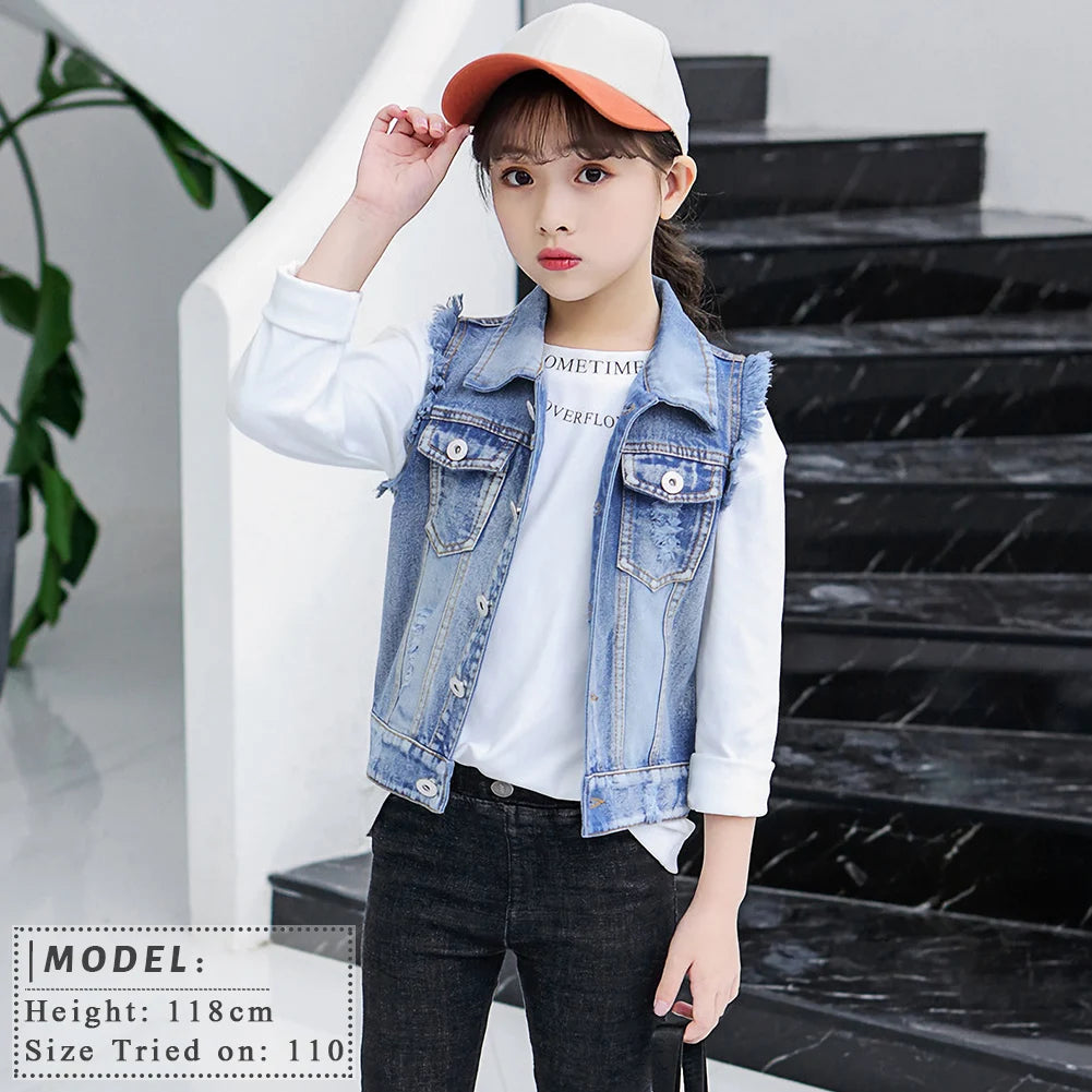 Girls Denim Vest,Kids Denim Jacket,Boys Vest Coat,Sleeveless Tassels Lapel Outerwear,Casual Button Children's Cowboy Waistcoat