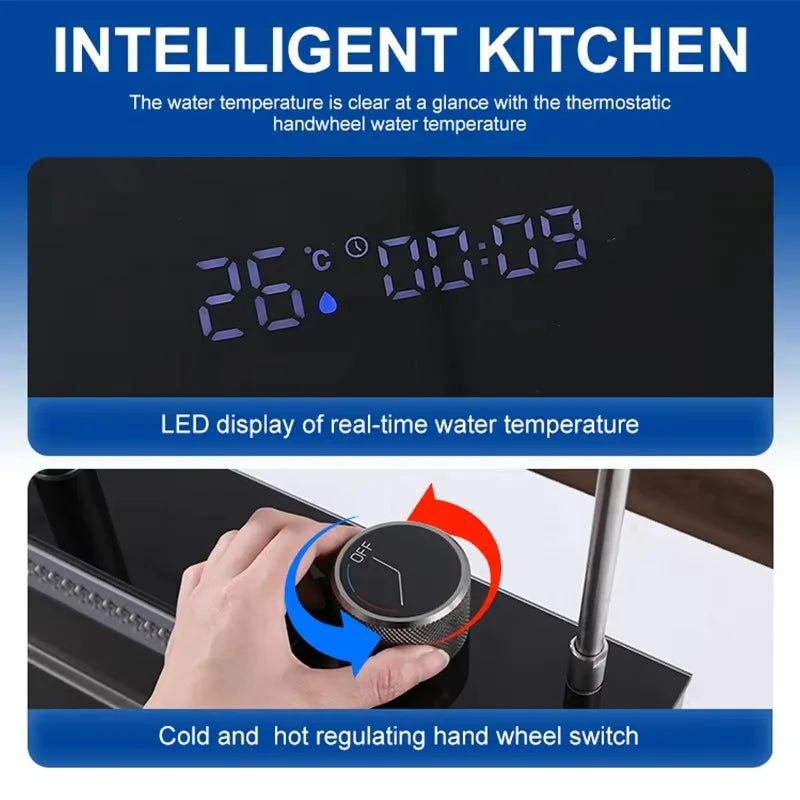 Light Emitting Diode Digital Nano Handmade Modern Single Slot Stainless Steel Waterfall Multifunctional Smart Kitchen Sink