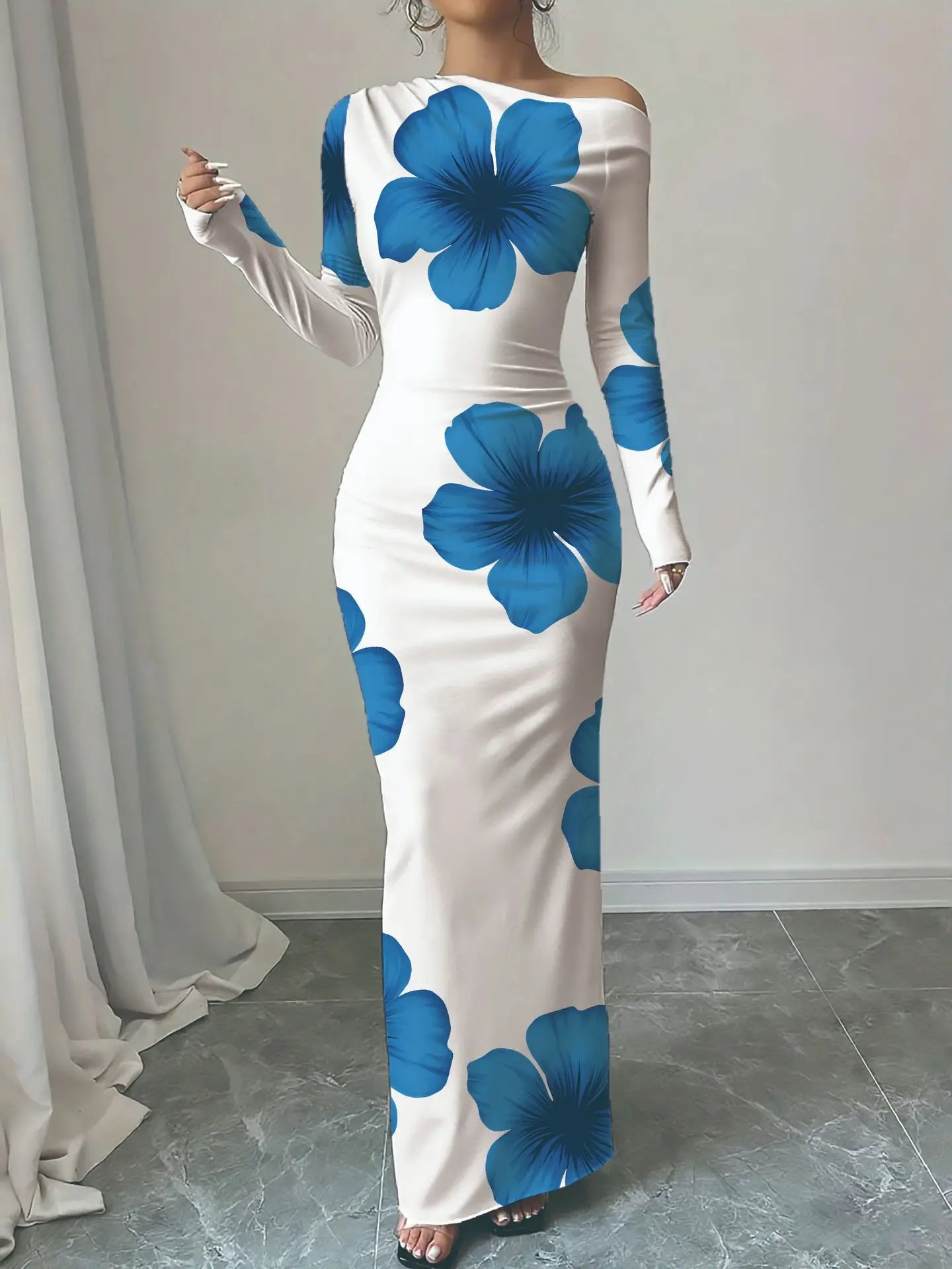 European and American 2025 Autumn New Printed Long Skirt Temperament Slim Long Sleeve Dress