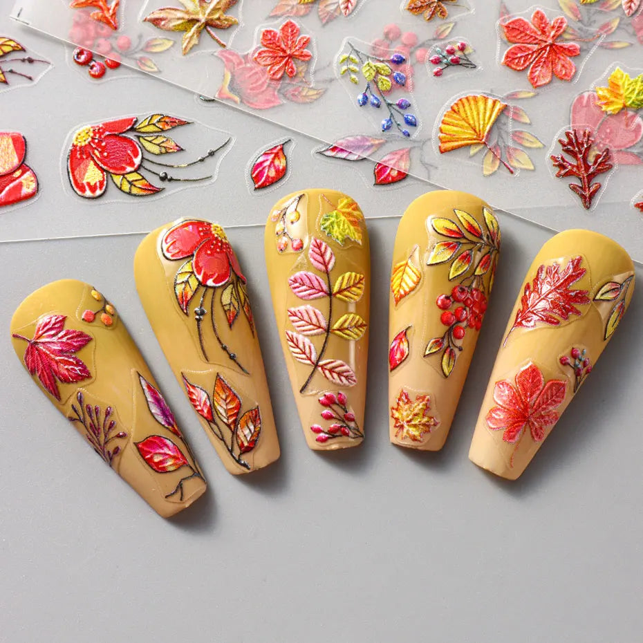 2/4pcs 5D Laser Autumn Bird Decals Fall Embossed Maple Leaves Squirrel Nail Sticker Fruits Flower Engraved Charm Manicure Decor