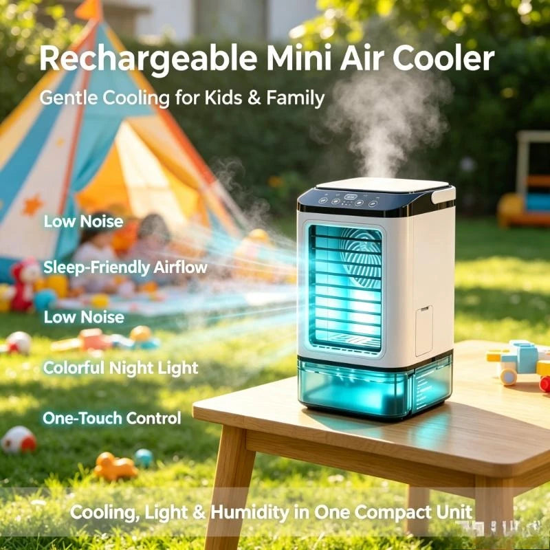 Portable Evaporative Rechargeable Mini Air Cooler 900ml Tank 3‑Speed Desktop Fan 7‑Color Night Light Humidifier Dorm Travel